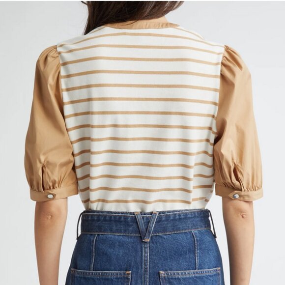 VERONICA BEARD Kellie Tan/White Striped Puff-Sleeve Top NWT XL - Picture 3 of 9